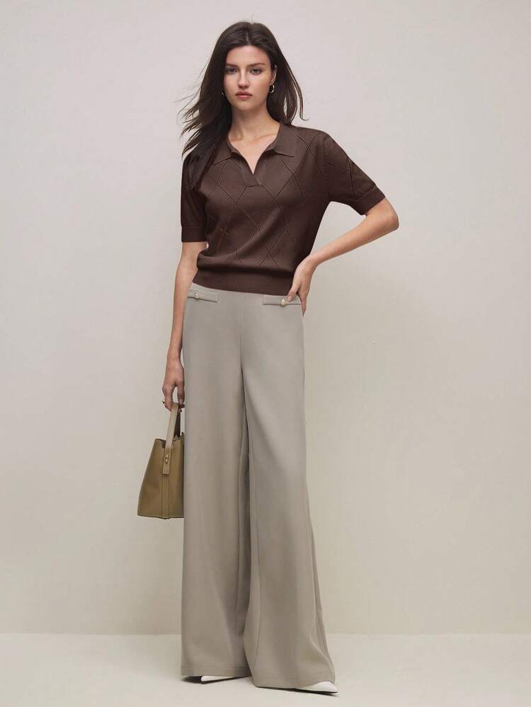 SHEIN BIZwear Maglione in maglia di diamanti con colletto alla polo color cammello, elegante e alla moda per l'ufficio e il tempo libero, stile romantico versatile adatto per occasioni formali, feste, matrimoni, concerti, brunch, aeroporto, Festa Nazionale, Capodanno, Natale, Ognissanti - Caffè Marrone - Visualizzare 2