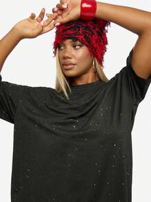 SUMWON WOMEN Oversized Sparkly T-Shirt For Women Long Sleeve Glitter Top Casual Streetwear Drop Shoulder Tee - Black - View 4