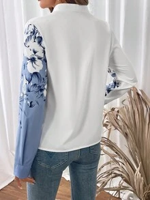 SHEIN LUNE Women's Stand Collar Printed Long Sleeve Fitted Blouse - White - View 2