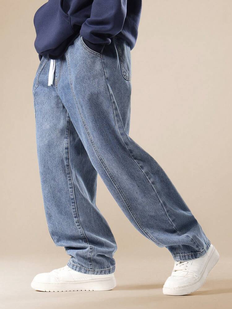 Wide Leg Denim Joggers With Drawstring And Elastic Ankles