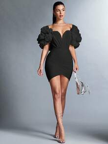 SHEIN BAE Của phụ nữ Màu thuần Off Shoulder Lưới Viền Ruffle Váy quấn - màu đen - Xem 7