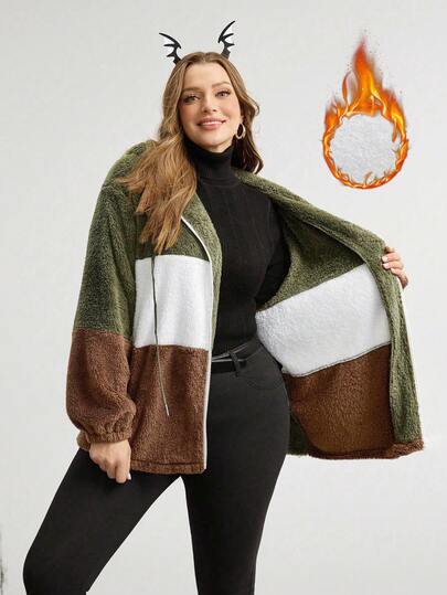 Comfylo 大码女式冬季拼色万圣节服装女式哥特式大码女式万圣节服装外出服装双面羊毛保暖女式撞色口袋拉链外套