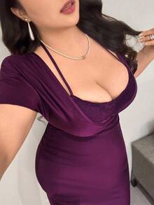 Flirla Plus Size 2 In 1 Halter Lace Short Sleeve Cinched Waist Mermaid Dress - Purple - View 3