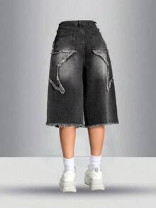 SHEIN 少女 Y2K 星星印花牛仔卡普里男友低腰牛仔短裤，休闲时尚，适合日常穿着、校园穿着、街头服饰、春夏穿着