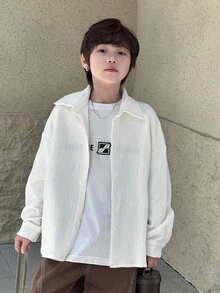 DAZY Tween Boys' Casual Loose Fit Solid Color Shirt, Autumn - White - View 4