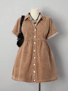 Sunspun Plus Size Casual Vacation Washed Front Button Denim Dress, Summer - Khaki - View 1