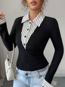 Rafferiza Gå ut Casual Mode All-Match Pendling Höst- och vinterkläder Damkläder Randig skjortkrage Skarvningar Resår Svarta borstade ränder Midjebantning 2-i-1 Damkläder för lärare Dam höst- och vinterlångärmad T-shirt Dam T-shirt Svart topp - Svart - Visa 3
