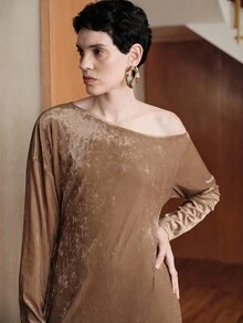 Uhlyne Uhlyne 女士优雅简约通勤休闲插肩袖天鹅绒拼接弹力中长连衣裙，咖啡色，秋冬 - 咖啡 - 查看 5