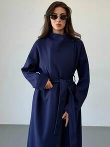 Aloruh 女士纯色立领长袖系带休闲外套，秋冬款 - 藏蓝色 - 查看 7