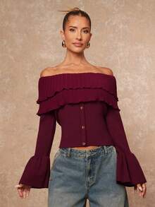 Lumalex Burgundy,Autumn,Elegant,Dinner Date Women's Off-Shoulder Ruffle Flare Sleeve Bodycon Sweater With Metal Button Decor,Tight Fitting Low Waist Pullover - Burgundy - View 2