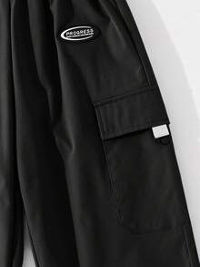 SHEIN Tween Boys' Casual Sports Graphic Print Pockets Loose Fit Drawstring Cargo Pants, Suitable For Commuting, School, Daily Casual, Travel, Sports, Spring/Summer/Autumn/Winter, Black Cargo Pants - Black - View 3