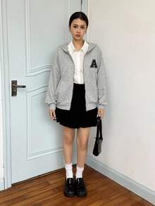 SHEIN 少女休闲舒适刺绣卫衣，秋冬季百搭单品 - 灰色 - 查看 3