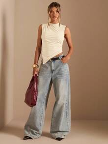 SHEIN BAE Women's Solid Color Stand Collar Pleated Asymmetric Hem Fitted Casual Tank Top, Spring/Summer - Apricot - View 3