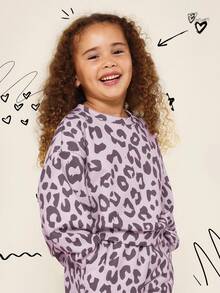 SUMWON Ensemble coordonné imprimé animal pour filles, Sweat-shirt-shirt col rond à motif léopard, jogging, tenue deux pièces, porter décontracté en hiver et automne