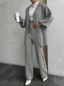 EURMUSE Women Drop Shoulder Button Front Cardigan And Sweater Pant 2 Pieces Outfit Set Co-Ords - Grey - View 6