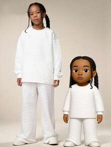 SHEIN Explorewe 2pcs/Set Tween Girls Textured Knit Intarsia Solid Diamond Pattern Loose Fit Crew Neck Oversized Sweatshirt, Versatile For Casual Wear, Back To School, Outing, Home, Hip-Hop, Music Festival, Warm Spring/Autumn,ChicAutumn,Halloween, Christmas - White - View 8