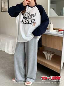 DAZY TOM AND JERRY X DAZY 2pcs Loose Cartoon Print Patchwork Raglan Sleeve Women Pajama Set, Fall Winter Clothes