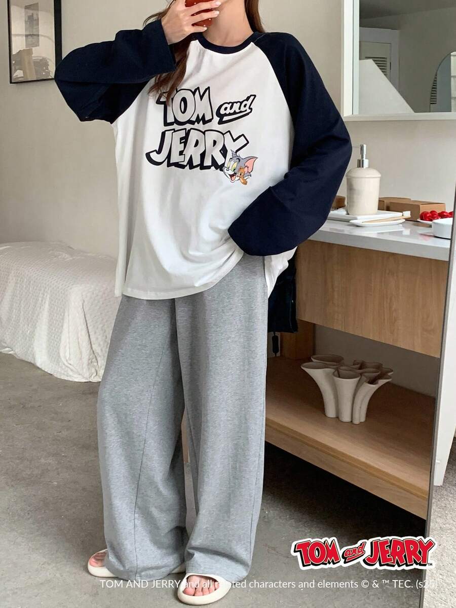 DAZY TOM AND JERRY X DAZY 2pcs Loose Cartoon Print Patchwork Raglan Sleeve Women Pajama Set, Fall Winter Clothes