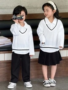 Genkimix Kids 男童学院风长袖拼布领卫衣套装，适合学校、休闲、返校装，春秋季 - 黑與白 - 查看 4