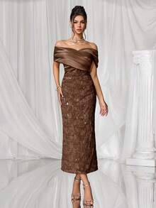 Coutiva Elegant Drop Shoulder Backless Fruit Green Satin Stitching Jacquard Sequin Hem Straight Skirt Back Slit Party Dress, Suitable For Birthday Parties, Daily Gatherings, Prom Dresses, Cocktail Parties, Graduation Ceremonies, School Opening Parties, Etc. - Coffee Brown - View 4