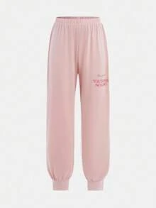 SHEIN 少女简约字母印花圆领短袖针织家居服套装 2 件套 - 淺粉色 - 查看 10