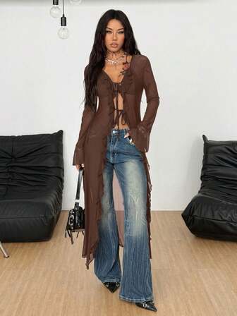 Coolane Women's Fall/All-Season Rave Outfit Renaissance Fair Hippie Music Festival Gyaru Mesh Straps Ruffle Ribbon Long Coat /Cover Up