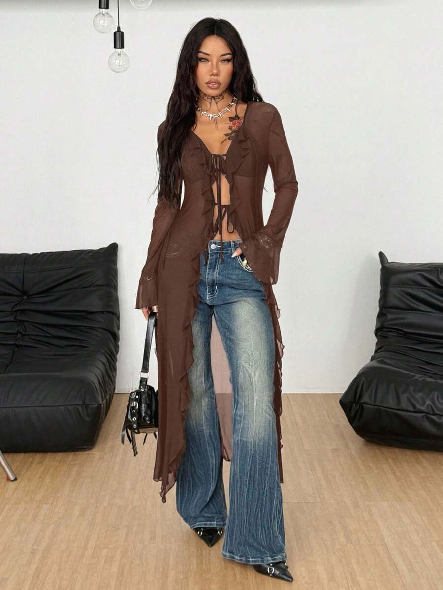 Coolane Women's Fall/All-Season Rave Renaissance Fair Hippie Music Festival Gyaru Mesh Straps Ruffle Ribbon Long Coat