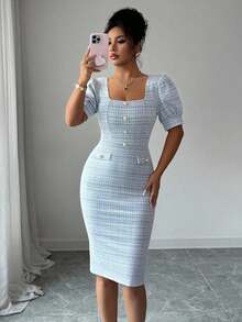 Elenzga Flare Sleeve Sweetheart Neck Waisted Bodycon Elegant Romantic Dress For Women - Blue - View 7