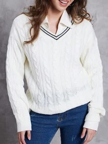 Jouncy Suéter casual de mujer con cuello de contraste de color, otoño/invierno - Beis - Ver 4