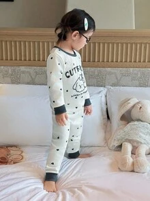 2 件套女童波尔卡圆点宠物狗图案柔软裤子和长袖舒适睡衣套装 - 杏色 - 查看 3