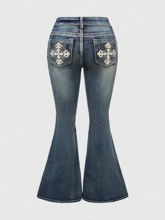 Grunge Punk Plus Size Gothic Cross Denim Jeans For Halloween