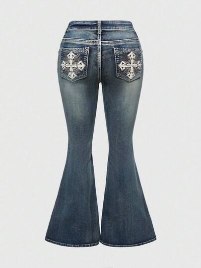 Grunge Punk Plus Size Gothic Cross Denim Jeans For Halloween