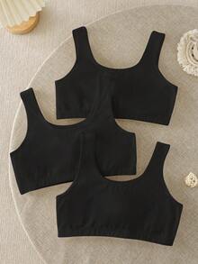 3件套女童纯白色休闲简约棉质软垫文胸套装，秋冬季女童内置文胸背心，3件装可爱黑色上衣 - 黑色 - 查看 2