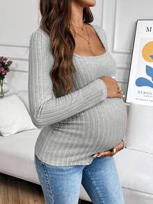 SHEIN Maternity Solid Color Minimalist Long Sleeve T-Shirt, Everyday Wear Fall - Light Grey - View 3