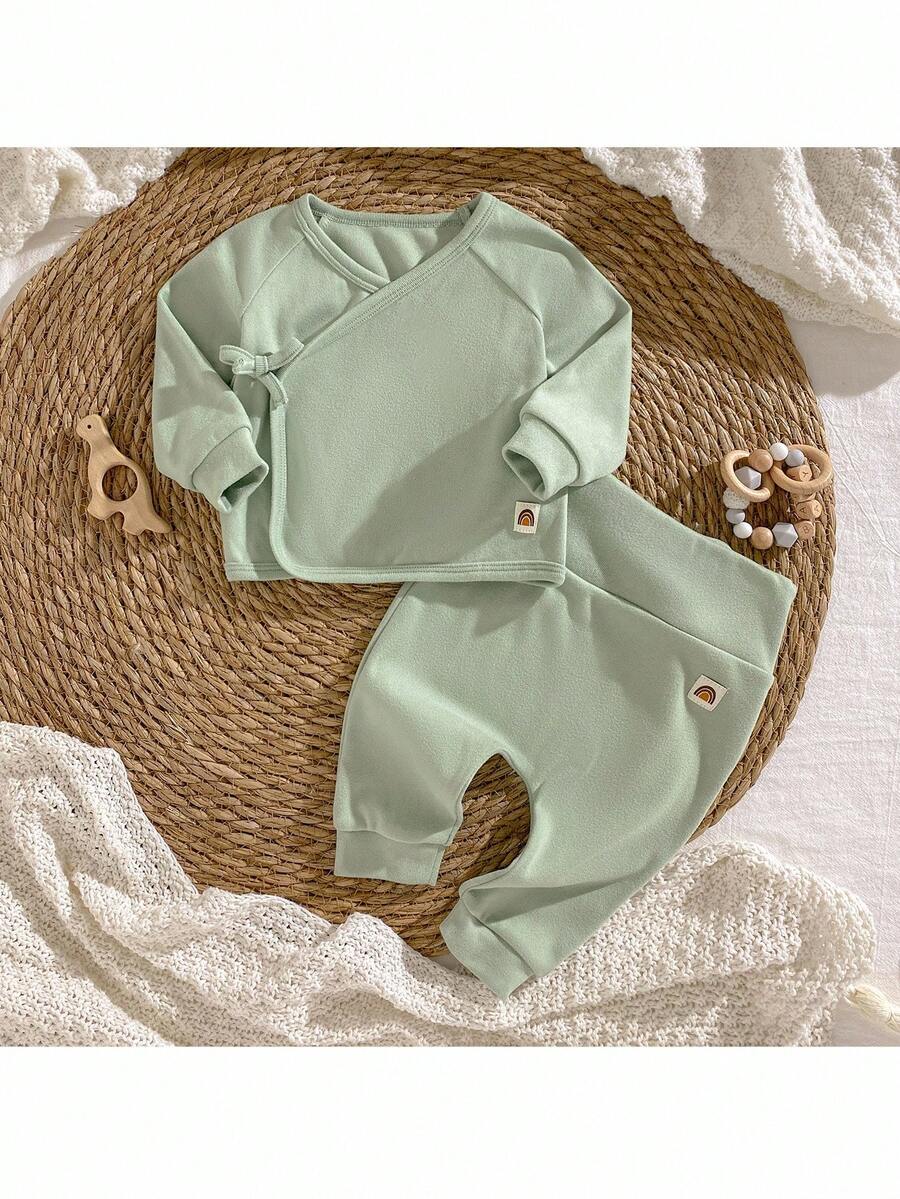 Loomiva 新生男婴/女婴两件套柔软针织圆领长袖上衣和松紧腰长裤 - 綠色 - 查看 1
