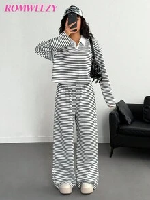 Sparklyn Teen Girls Polo Collar Drop Shoulder Long Sleeve Striped T-Shirt And Pants Casual Outfit, Autumn Fall Winter - Multicolor - View 8