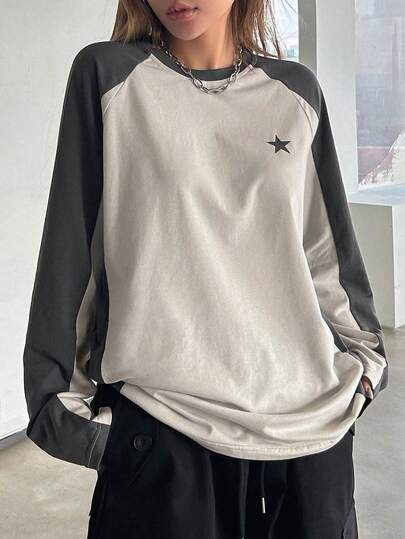 DAZY Color Block T-Shirt With Star Print And Raglan Sleeve Y2k,Fall Clothes Long Sleeve Women Tops
