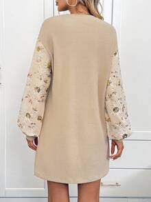 SHEIN LUNE Vestido corto casual de mujer con mangas largas y adornos de lentejuelas, vestido de mujer con mangas farol, vestido bordado, vestido de manga abullonada, vestido de lentejuelas, atuendos de fiesta para mujer, vestidos beige de mujer, vestidos de otoño para mujer, casual - Albaricoque - Ver 2