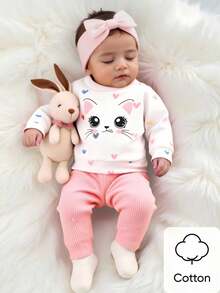 Newborn Baby Girl's White Sweater With Printed Cat Pattern Long-Sleeved Top Matched With Pink Striped Pants 2-Piece Set. Fashionable And Cute Cartoon Style, Comfortable Fabric, Suitable For Photography And Outdoor Activities Fall Winter - Multicolor - View 1