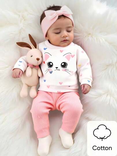 Newborn Baby Girl's White Sweater With Printed Cat Pattern Long-Sleeved Top Matched With Pink Striped Pants 2-Piece Set. Fashionable And Cute Cartoon Style, Comfortable Fabric, Suitable For Photography And Outdoor Activities Fall Winter