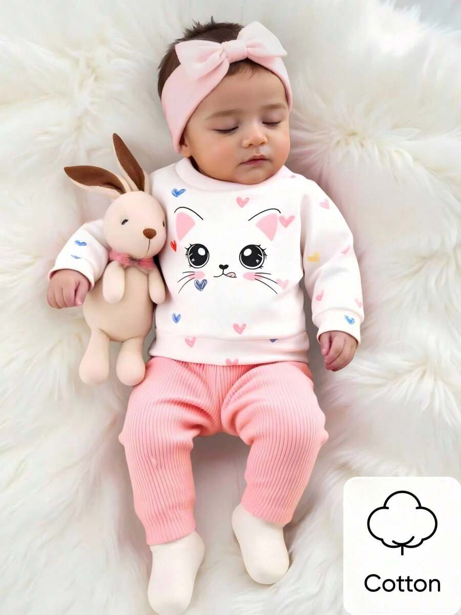 Newborn Baby Girl's White Sweater With Printed Cat Pattern Long-Sleeved Top Matched With Pink Striped Pants 2-Piece Set. Fashionable And Cute Cartoon Style, Comfortable Fabric, Suitable For Photography And Outdoor Activities Fall Winter - Multicolor - View 1