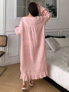 DAZY Sweet Allover Cherry Print Ruffle Trim Nightgown Pajama, Moo Moo Sleep Dress, Fall, Winter - Pink - View 2