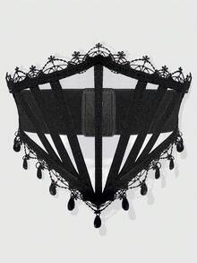 ROMWE Grunge Punk 1pc Women's Black Mesh Lace Rhinestone Pendant Tie-Up Decor Elastic Waist Belt Corset Dress Accessory, Goth Style For Halloween Costume - Black - View 14