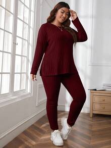 SHEIN Cottnline Plus Size Comfortable Knitted Ribbed 2 Pieces Set - Burgundy - View 3