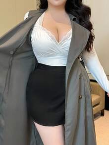 Flirla Plus Size Casual Commuter Solid Color Double-Breasted Sleeveless Windbreaker Winter Fall Autumn