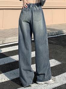 Dazy Designer 抽绳高腰阔腿牛仔裤，宽松牛仔裤