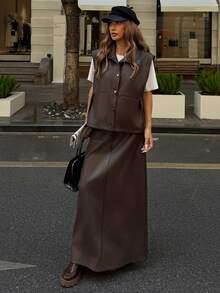 DAZY Women's Autumn Collared Sleeveless Top And Loose Fit Skirt 2 Pieces Set Y2k School Lounge Sets For Women - Coffee Brown - View 2