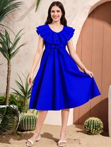 Teen Girl Solid Color Patchwork Ruffle Trim Round Neck Tie Waist Fashionable Dress - Royal Blue - View 3