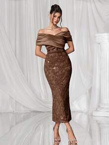 Coutiva Elegant Drop Shoulder Backless Fruit Green Satin Stitching Jacquard Sequin Hem Straight Skirt Back Slit Party Dress, Suitable For Birthday Parties, Daily Gatherings, Prom Dresses, Cocktail Parties, Graduation Ceremonies, School Opening Parties, Etc. - Coffee Brown - View 5