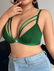 前开合、提升和增强、黑色、透明、网眼拼接、深 V、浪漫法式大码文胸 - 墨綠色 - 查看 3